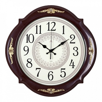 Часы настенные Рубин 3930-004 40х40см, корпус коричневый с золотым узором "Кружево" в магазине Спорт - Пермь