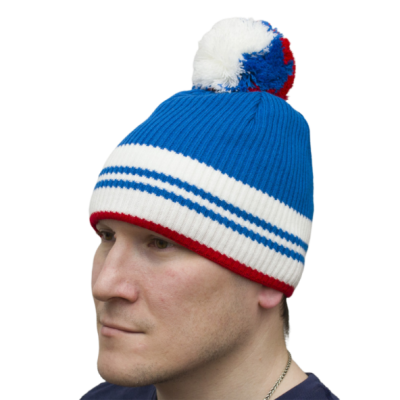 Шапка RAY вязаная Финиш бубон, размер S (54-58), цвет синий/белый/красный