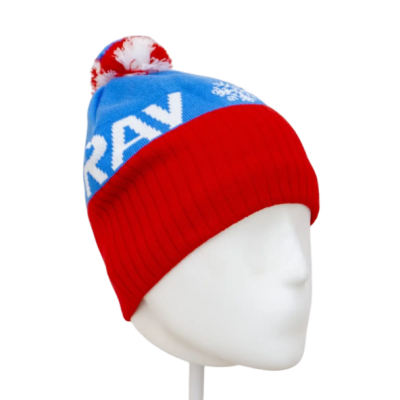 Шапка RAY вязаная Ray-снежинка бубон, размер L (58-62), цвет голубой/красный/белый