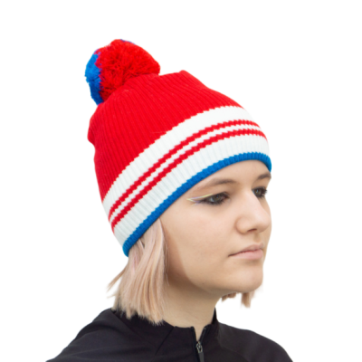 Шапка RAY вязаная Финиш бубон, размер S (54-58), цвет красный/белый/синий