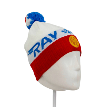 Шапка RAY вязаная, Ray-снежинка бубон, размер М (56-60), цвет белый/голубой/красный
