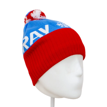 Шапка RAY вязаная Ray-снежинка бубон, размер L (58-62), цвет голубой/красный/белый